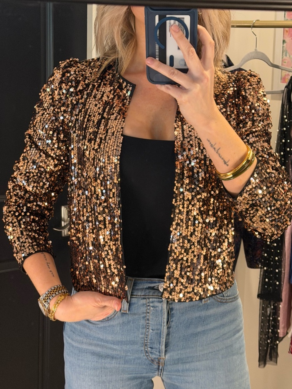 SHEIN Bronze Sequin Cropped Jacket Open Front Statement Party Blazer Size Small